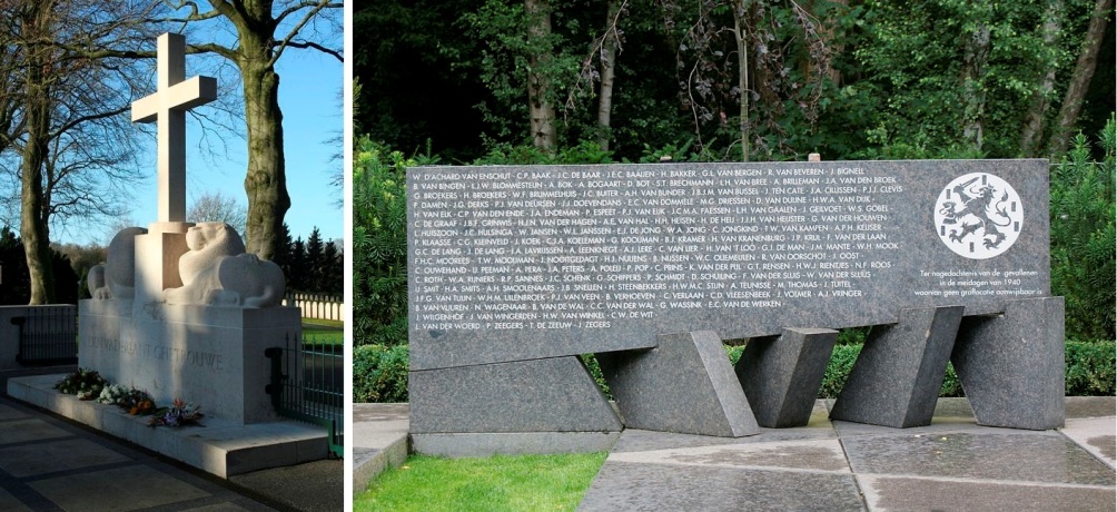 Herdenkingskruis en monument voor vermisten van mei '40 op het Ereveld Grebbeberg, Rhenen. (Foto's: Wikimedia)