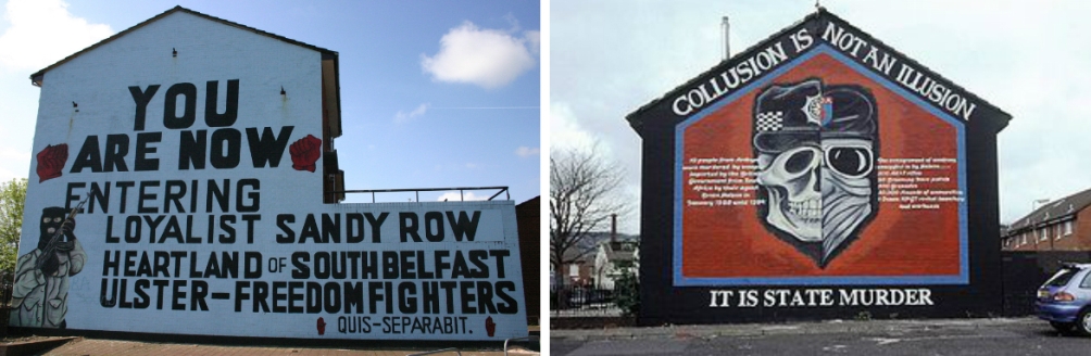 inks een voorbeeld van een loyalistische mural gemaakt door de Ulster Defence Association. Rechts is een voorbeeld van een republikeinse (of nationalistische) mural, waarin de maker claimt dat de 'loyalistische moordenaars' worden bewapend door de Britse overheid (Foto's: Wikimedia)