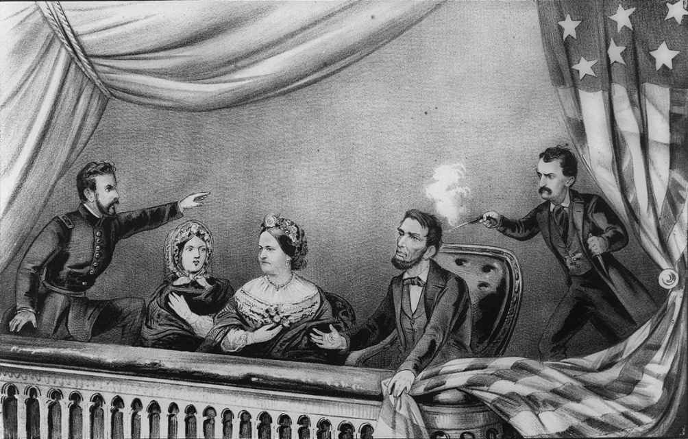 Verbeelding van de moord op 14 april 1865 in Ford's Theatre, lithografie, omstreeks 1865.