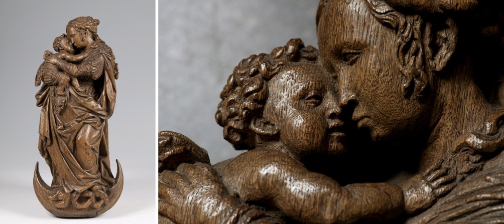 Eikenhouten beeld ‘Maria met Kind op de maansikkel’ uit ca. 1520-1530. Rechts een detail van dit beeld. (foto’s: Museum Catharijneconvent Utrecht)