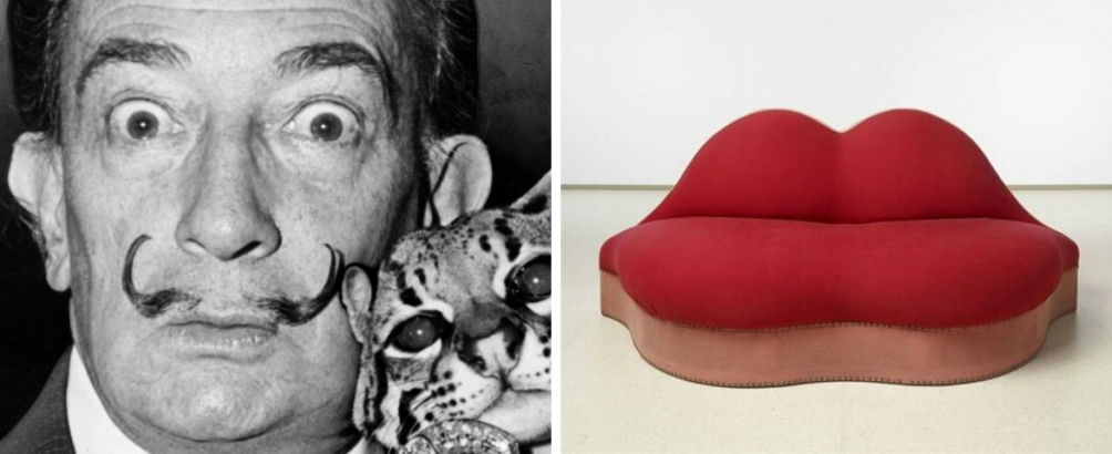 Net zo surrealistisch als zijn eigen kunst: Salvador Dalí. Daarnaast de door hem ontworpen Mae West-sofa. (foto's: Wikimedia en Europeana)
