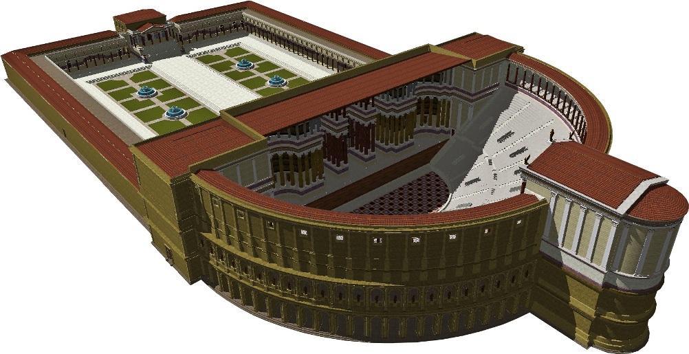 3D reconstructie van het theater van Pompeius. (foto: Wikimedia) Het_theater_van_Pompeius