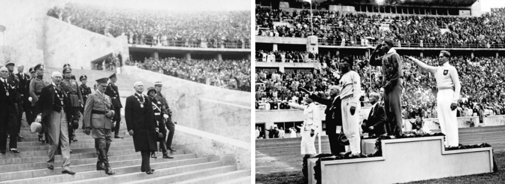 Foto links: Adolf Hitler met het Olympisch Comité. Foto rechts: Jesse Owens heeft de gouden medaille gewonnen op het onderdeel verspringen (foto's: Wikimedia)