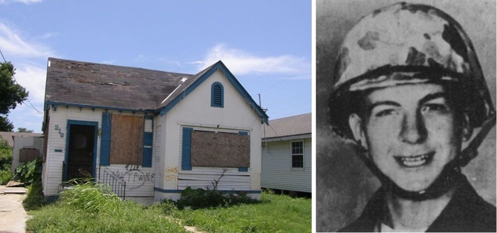Links: een foto van het geboortehuis van Lee Harvey Oswald in New Orleans, na de storm Katrina in 2007. Links: Lee Harvey Oswald als marinier (foto's: Wikimedia).