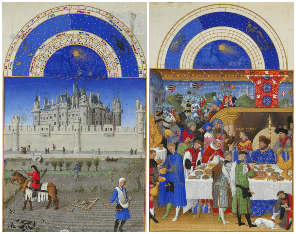 De maand januari en oktober uit het Getijdenboek Les Trés Riches Heures du Duc de Berry uit 1412/16 door de Gebroeders van Limburg.