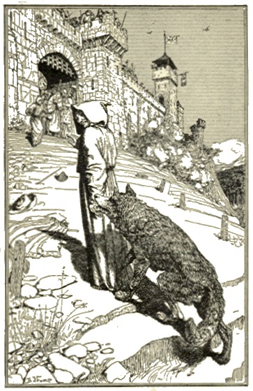 Francisus van Assisi leidt de wolf naar het dorp Gubbion. Ilustratie uit 1912. (foto Wikimedia)