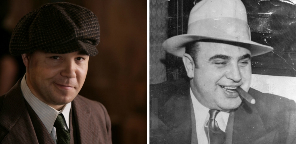 Links: Stephan Graham alias Al Capone, rechts: Alphonse Capone (foto's: HBO en onbekend)