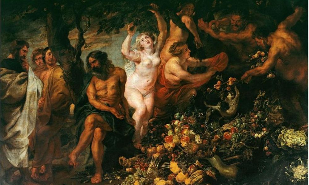 Op dit schilderij van Peter Paul Rubens uit 1618-1620 pleit Pythagoras voor het vegetarisme.