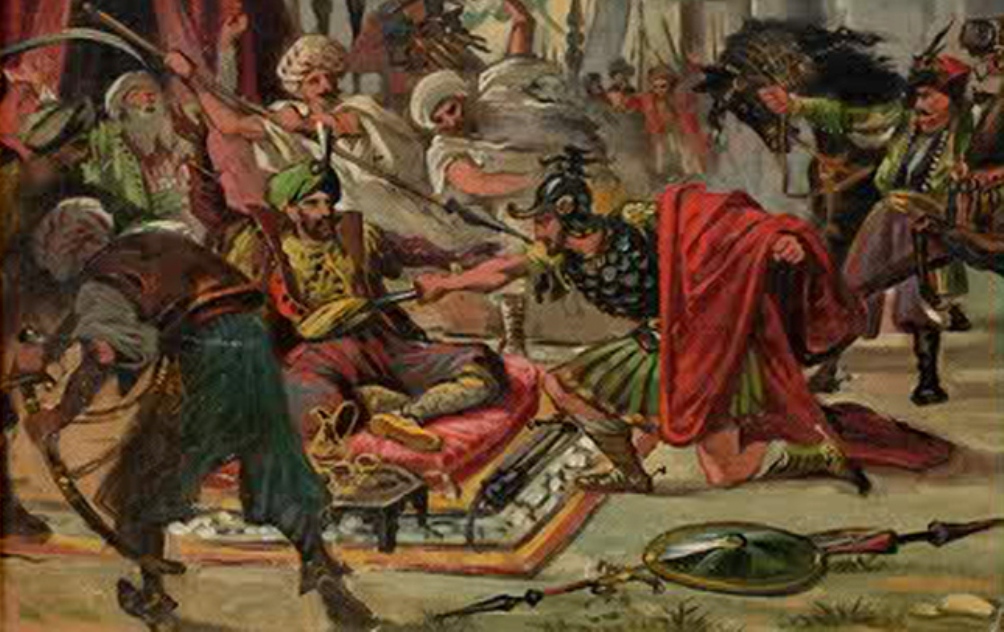 Sultan Murat I (die op de afbeelding wordt doorstoken door Kobilić) kwam om bij de slag op het Merelveld. (Foto: Wikimedia)