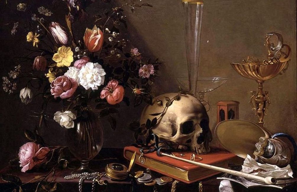 Foto: stilleven met bloemen en schedel (en pijp), Adriaen van Utrecht (1599-1652)