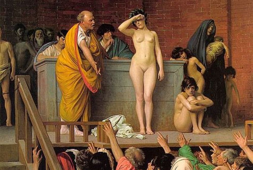 Foto: een vrouw wordt als slavin in Rome verkocht, Jean-Léon Gérôme (1824-1904)
