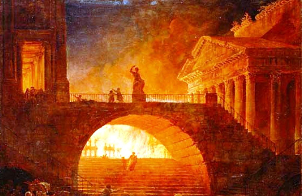 De brand van Rome verbeeld, door kunstenaar Hubert Robert (1733–1808). (foto: Wikimedia)