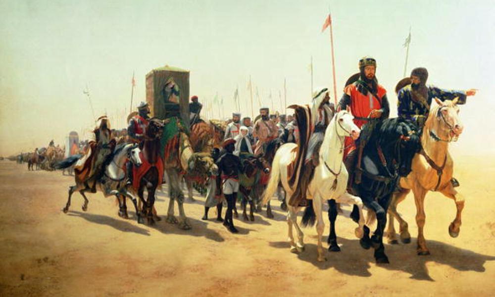De Engelse koning Richard Leeuwenhart is met zijn gevolg onderweg naar Jeruzalem tijdens de Derde Kruistocht. Schilderij van James William Glass uit circa 1850.